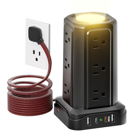 PASSUS tower front view showing all 12 outlets and 4 USB ports for organized charging