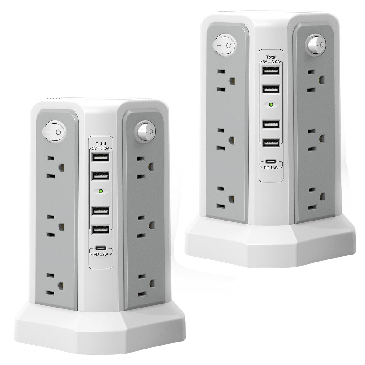 PASSUS tower front view showing all outlets and compact design for organized power