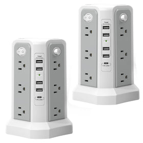 PASSUS tower front view showing all outlets and compact design for organized power