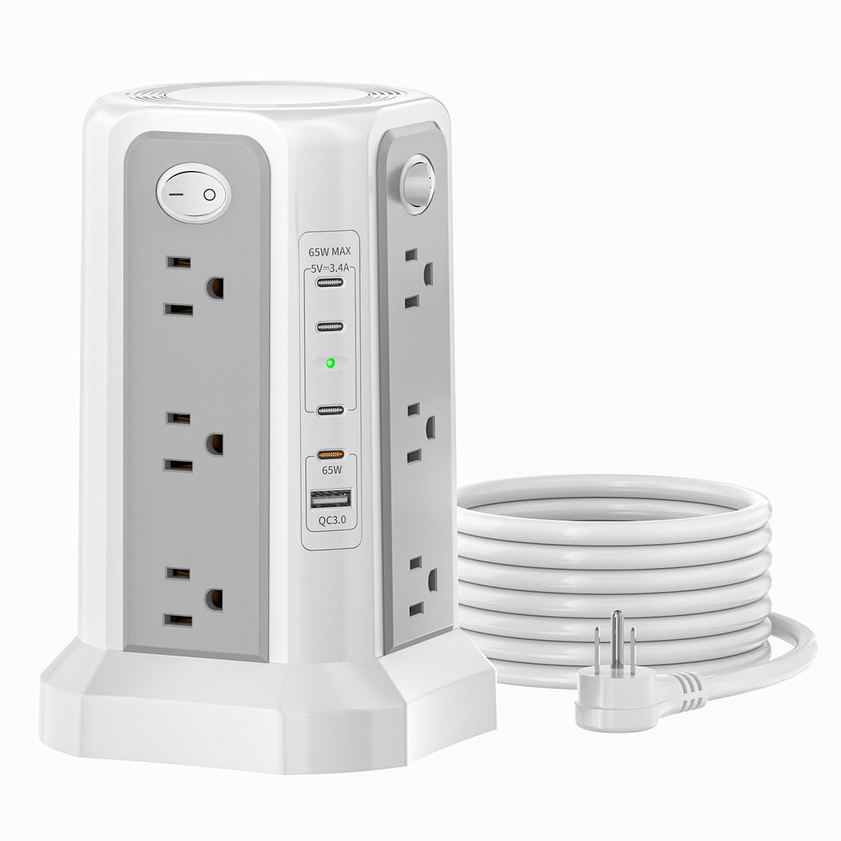 PASSUS tower front view showing outlets and USB ports for organized charging