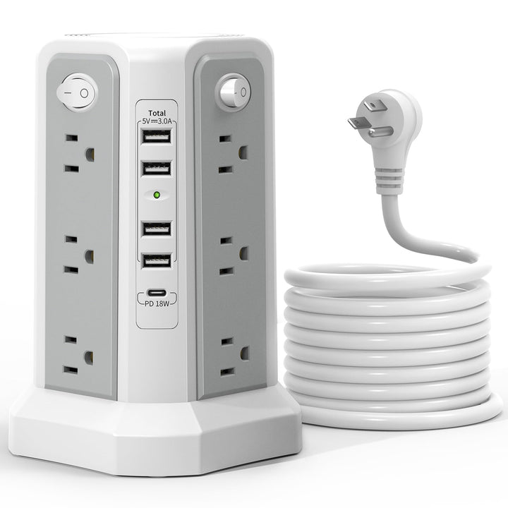 PASSUS tower front view showing 12 outlets and 5 USB ports for organized charging