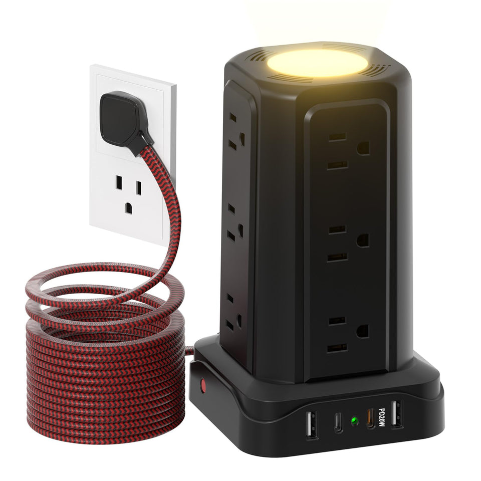 PASSUS tower front view showing all outlets and USB ports, organized charging