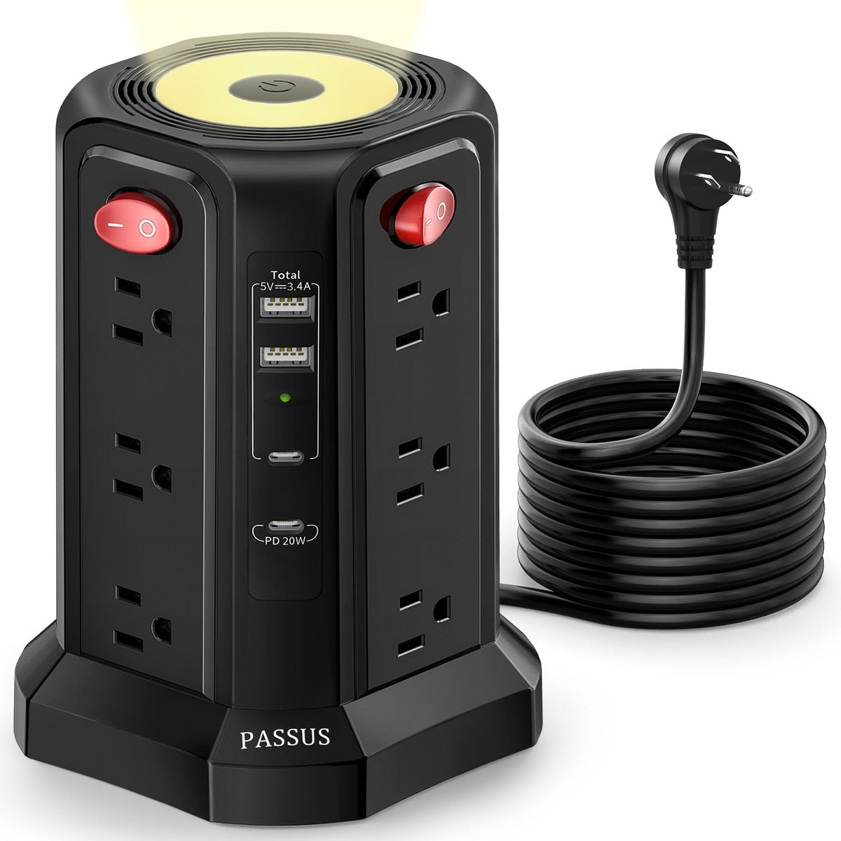 PASSUS tower front view showing outlets and USB ports for tidy charging