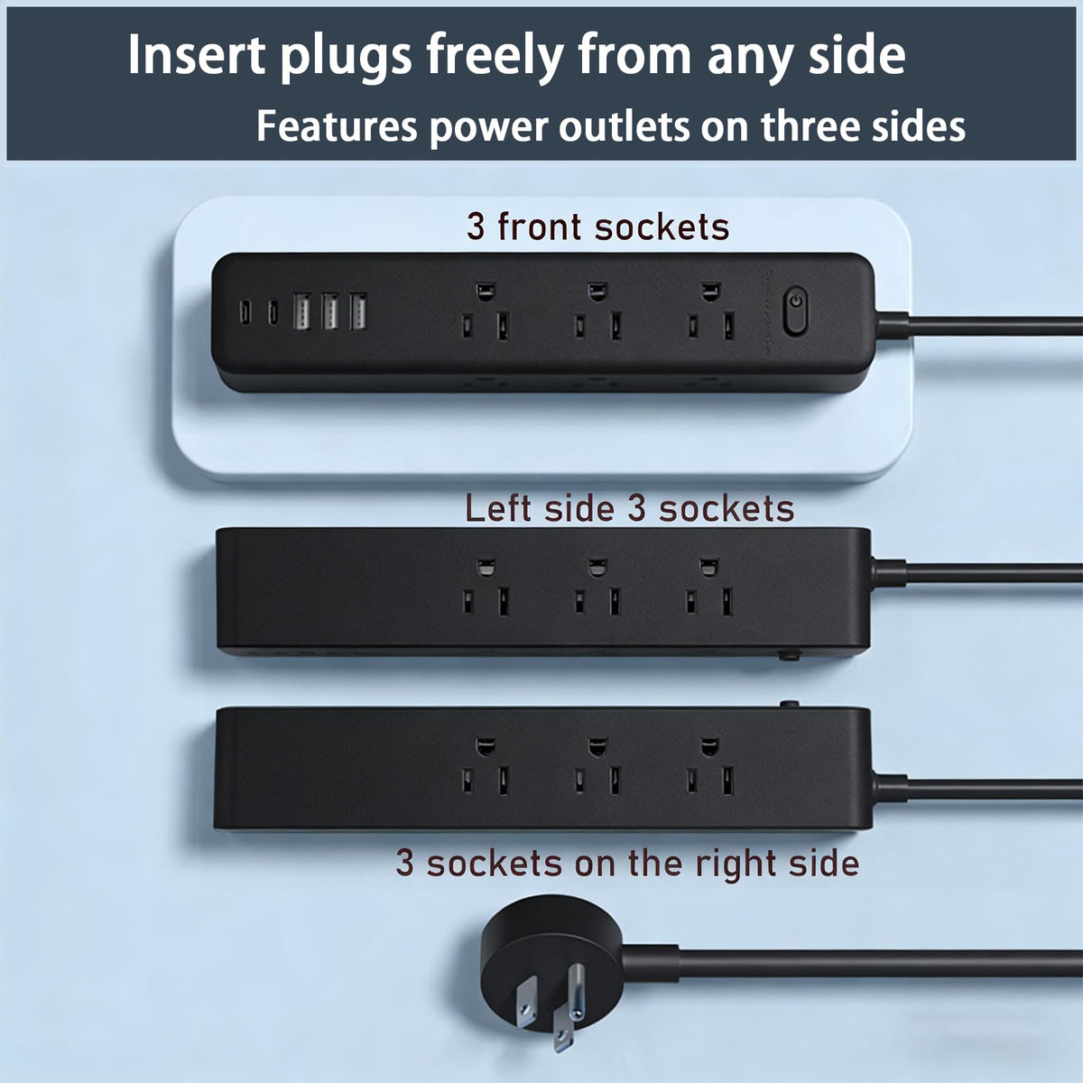 PATDEENREE surge protector showing top and side outlets for bulky adapters.