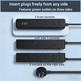 PATDEENREE surge protector showing top and side outlets for bulky adapters.