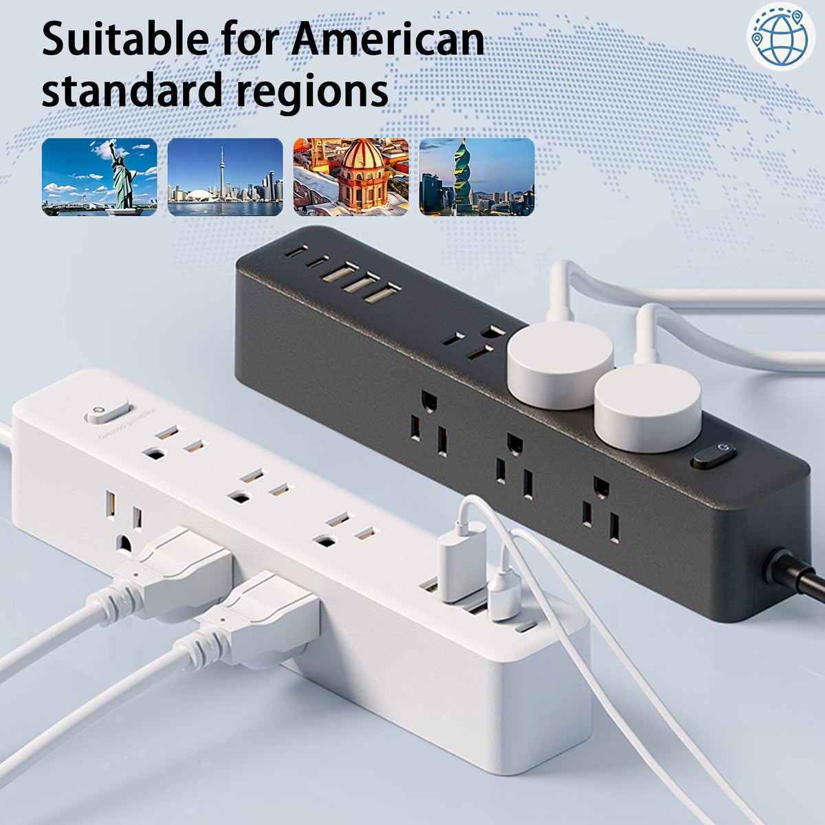 PATDEENREE surge protector with 5ft cord for flexible placement.