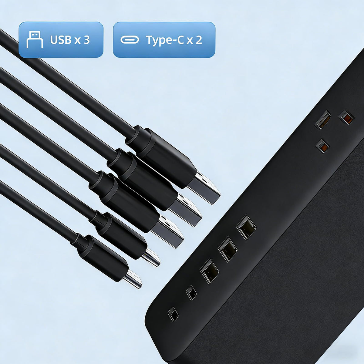 PATDEENREE surge protector with 3 USB-A and 2 USB-C ports for multiple devices.
