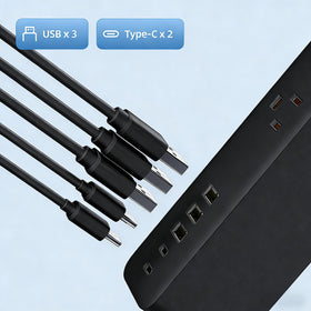 PATDEENREE surge protector with 3 USB-A and 2 USB-C ports for multiple devices.