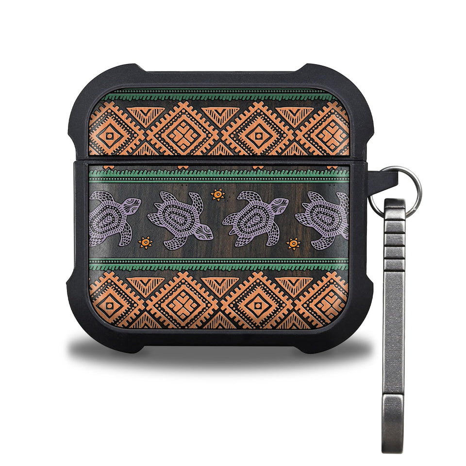 Patterit AirPods 4 Turtle Voyage case front view shows hand-drawn art and natural wood grain for style.