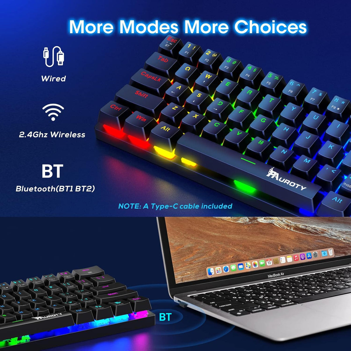 Pauroty close-up of keycaps and blue switch stem, tactile responsive feedback