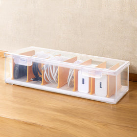 pavstine front view of clear organizer box showing lid and contents for easy identification