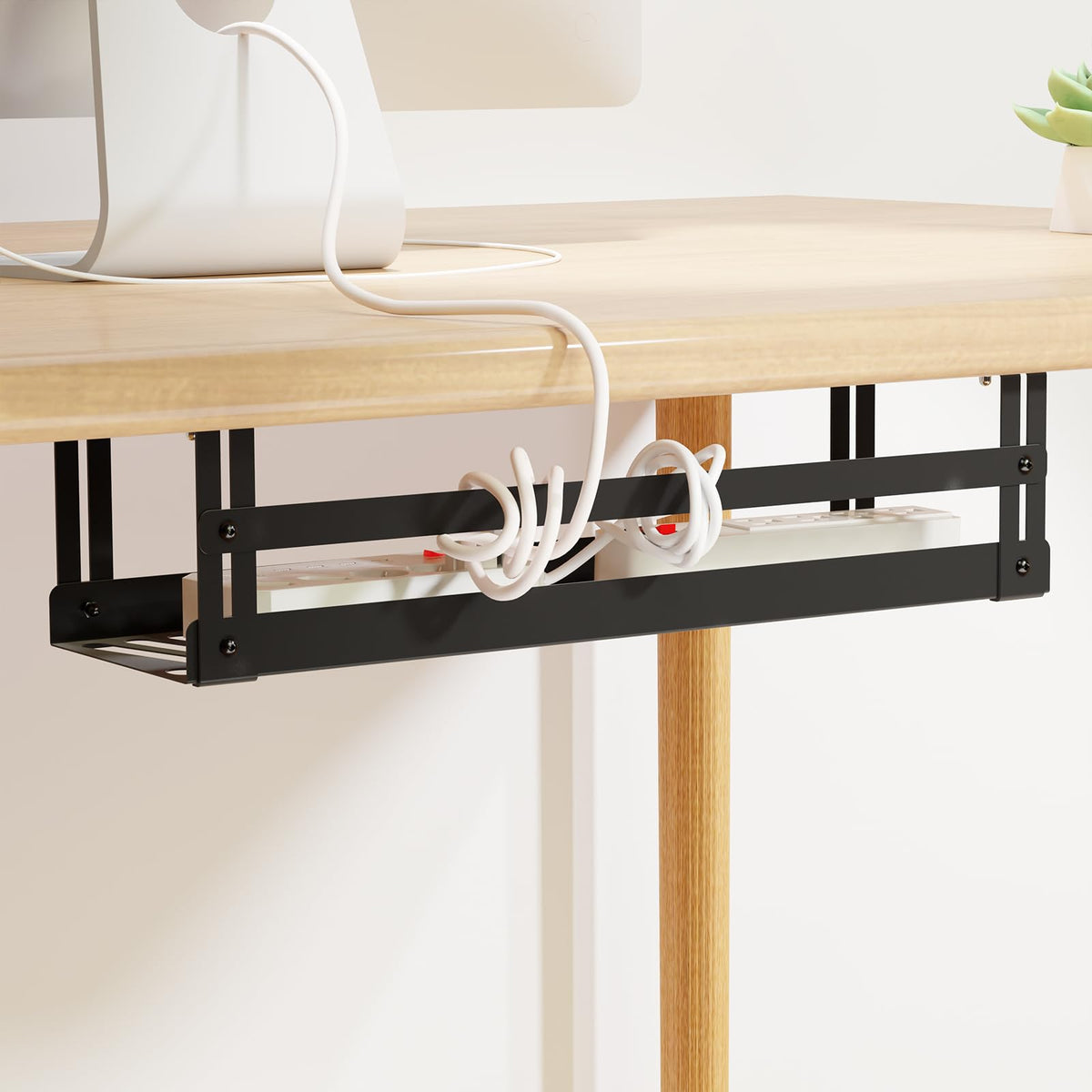 PAVSTINE front view installed under desk showing tidy cable concealment benefit