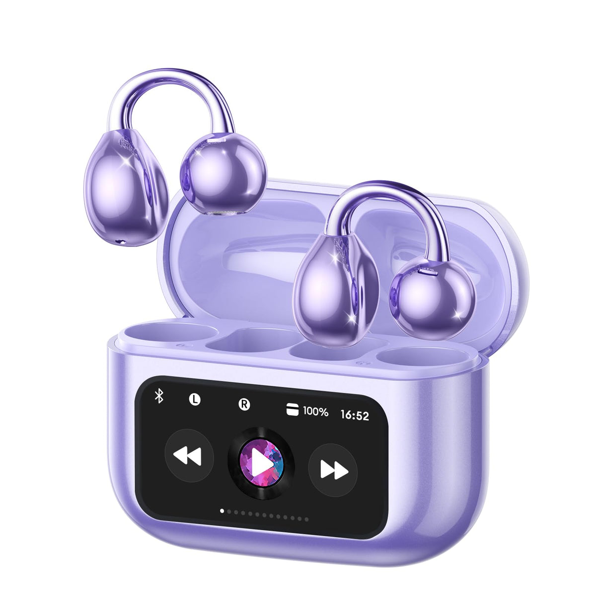 PAXA Clip On Earbuds case touchscreen for quick on-the-go controls.