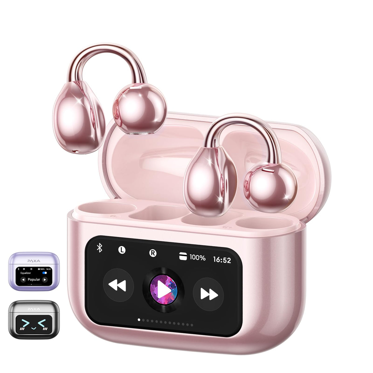 PAXA Clip On Open Ear Buds case with LCD touchscreen for quick controls on the go.