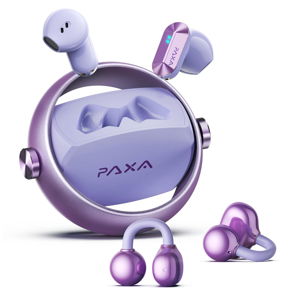 PAXA Ctbuds front packaging showing purple earbuds and case, highlights portability