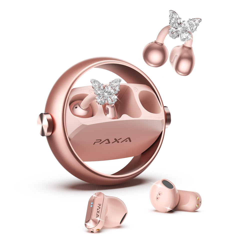 PAXA front packaging in rose gold showing stylish earbuds and case, great gift appeal
