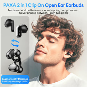 PAXA open-ear clip-on earbuds close-up highlighting comfort fit and situational awareness