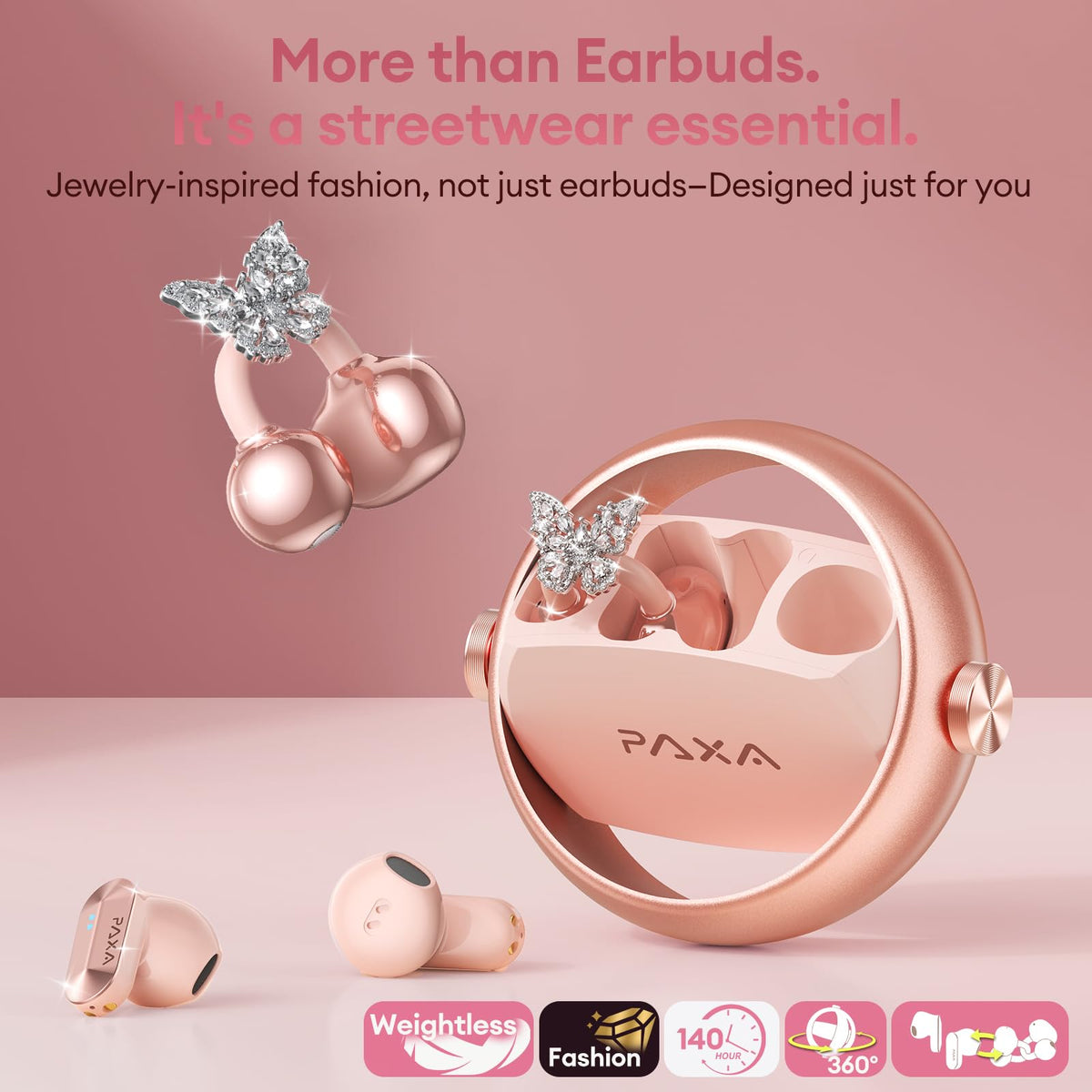 PAXA close‑up of rose gold earbud texture and finish, highlighting fashion detail