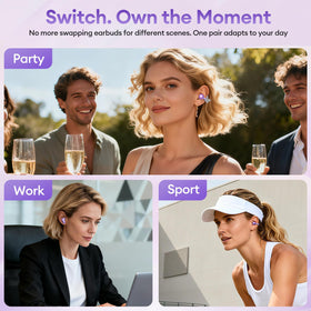PAXA earbuds next to smartphone showing scale and portability, travel convenience benefit