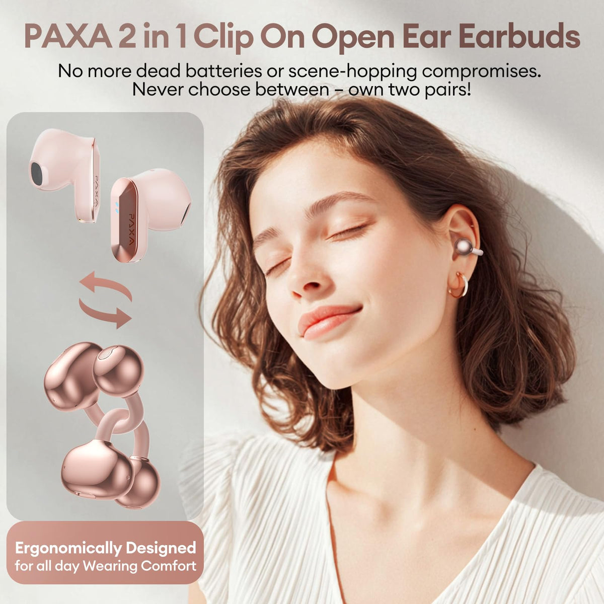 PAXA in-ear buds closeup highlighting snug seal and private listening