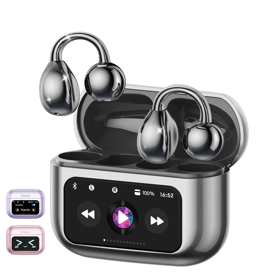 PAXA M100 open-ear clip-on earbuds with touchscreen case for convenient music control during workouts