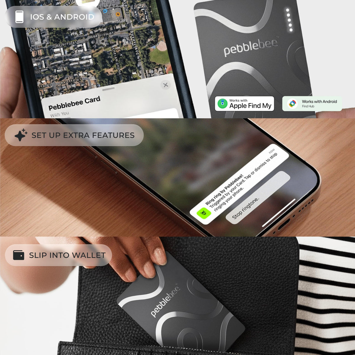 Pebblebee Card 5 back with Link scan-to-return label enabling easy returns