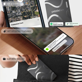Pebblebee Card 5 back with Link scan-to-return label enabling easy returns
