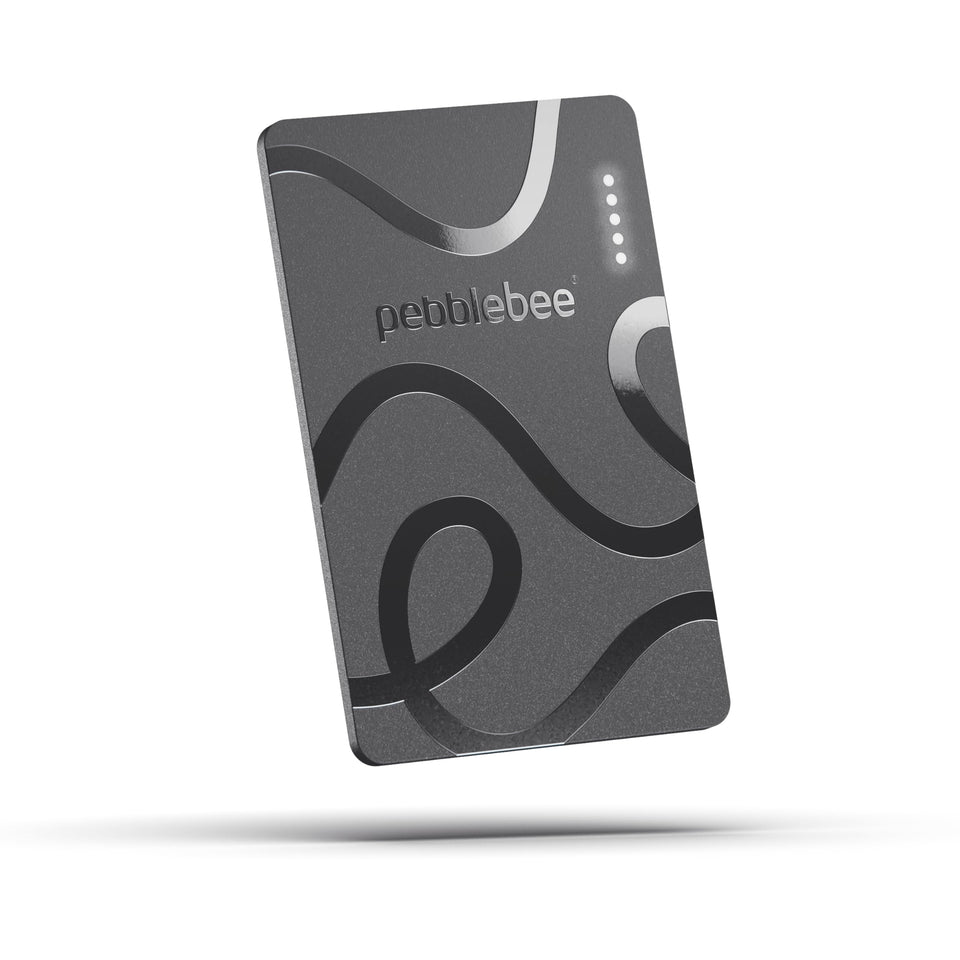 Pebblebee Card 5 front view showing sleek tracker and brand for discreet tracking