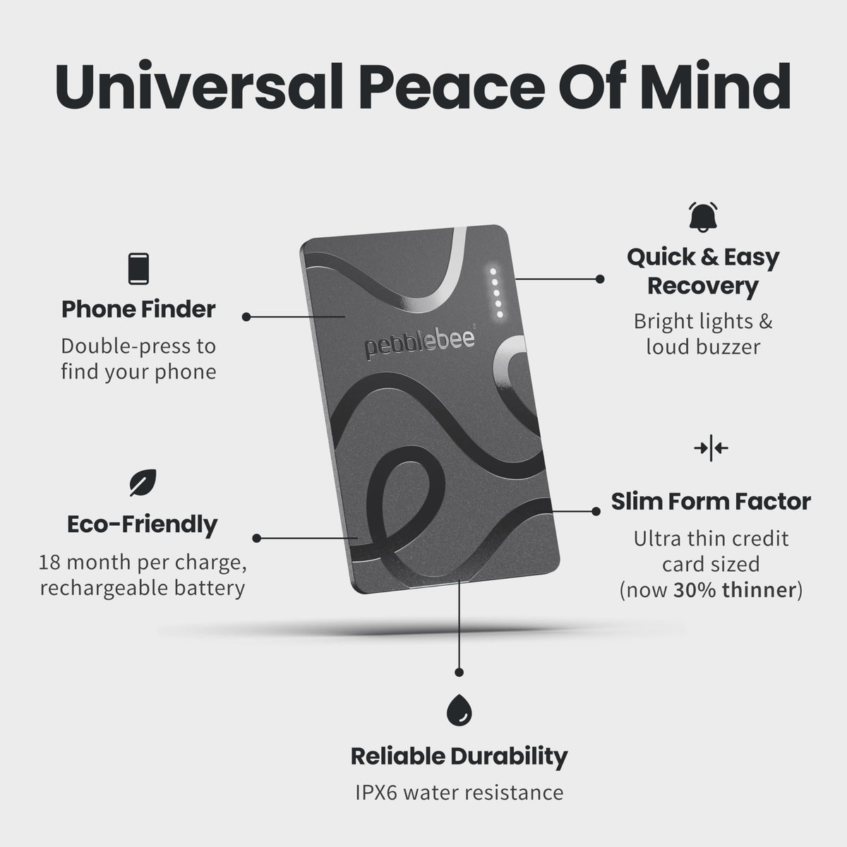 Pebblebee Card 5 slim side profile highlighting thinness and comfortable carry