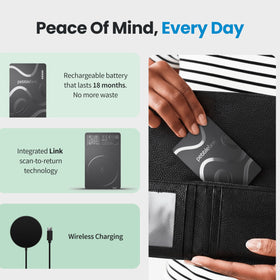 Pebblebee Card 5 beside passport and boarding pass in travel lifestyle scene