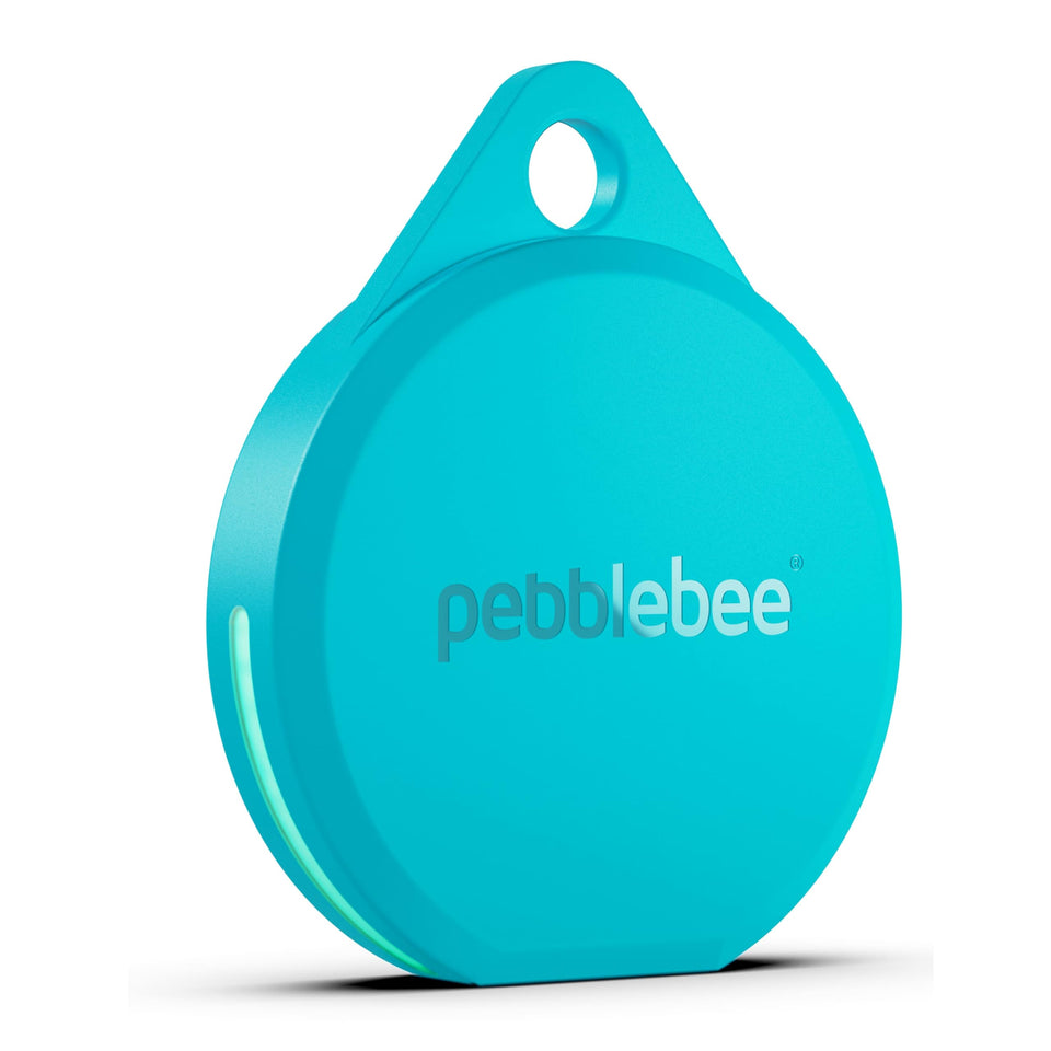 Pebblebee Clip 5 front view showing tidal cyan finish and clip for easy attachment