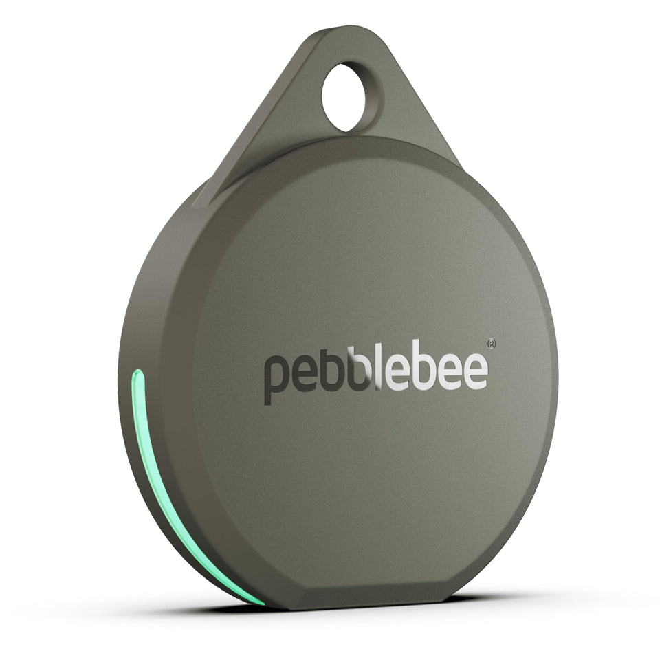 Pebblebee Clip 5 front packaging showing compact rechargeable tracker and benefits