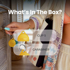 Pebblebee Clip 5 recyclable packaging laid flat highlighting sustainable materials