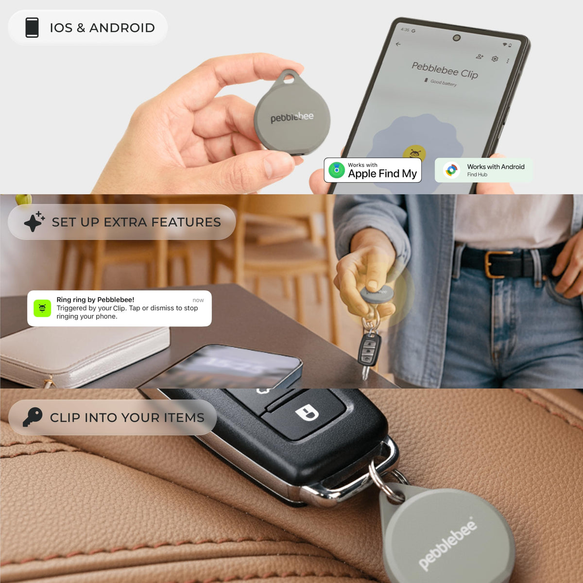 Pebblebee Clip 5 USB-C charging port ready to recharge and reduce battery waste