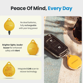 Pebblebee Clip 5 splashed with water demonstrating IP66 resistance for outdoor use