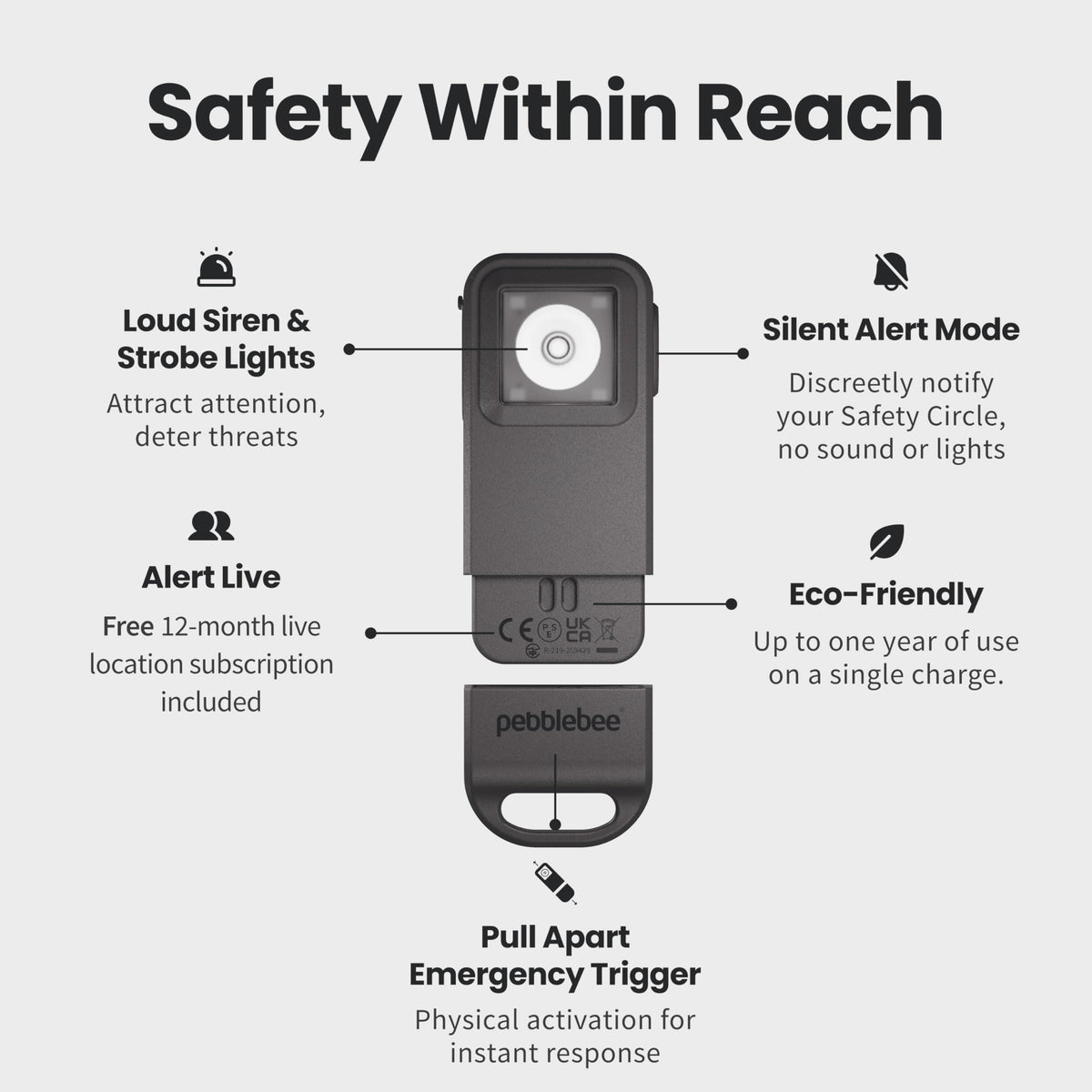 Pebblebee Halo pulled apart to activate alarm and location sharing for quick help