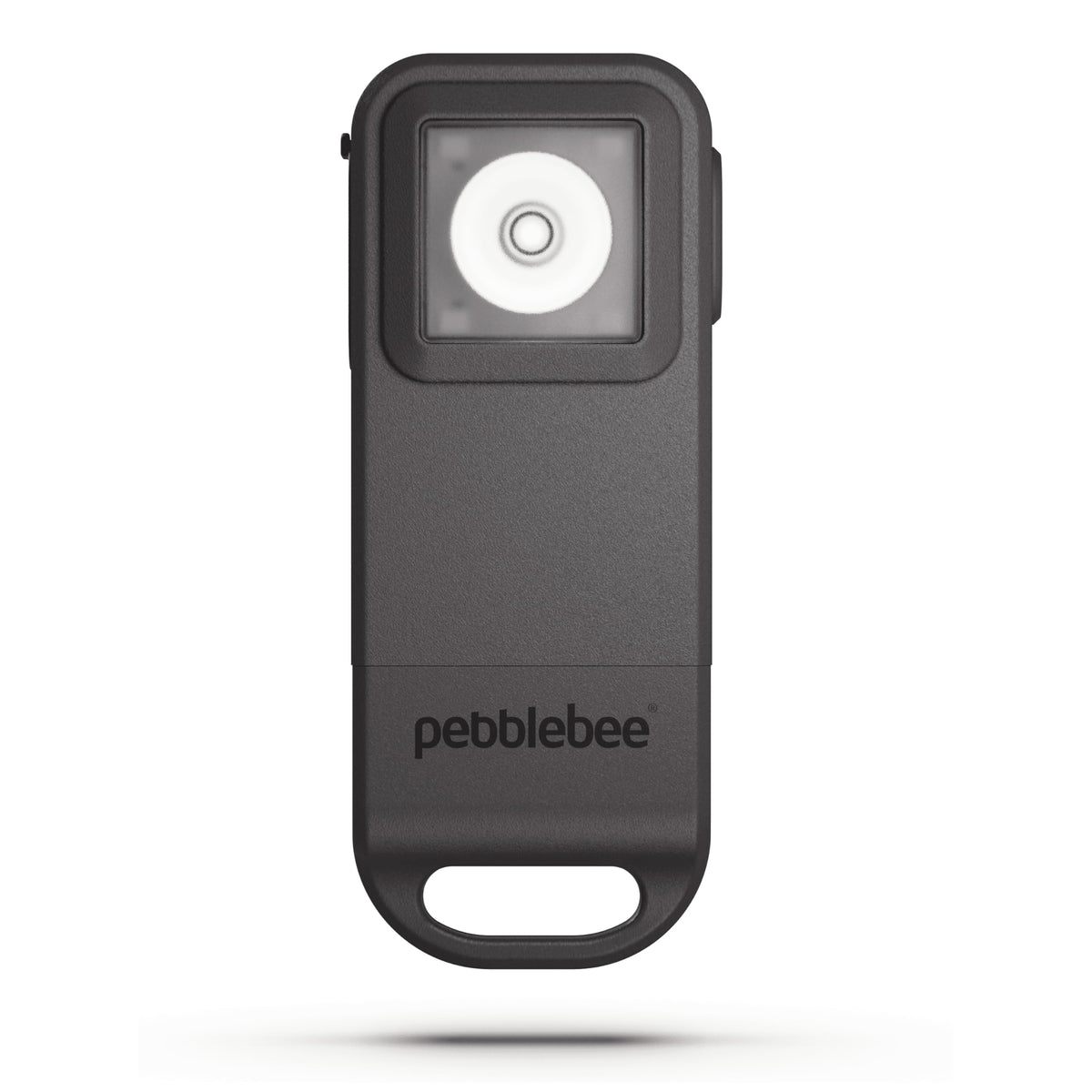 Pebblebee Halo front view showing compact alarm and design benefit: easy carry