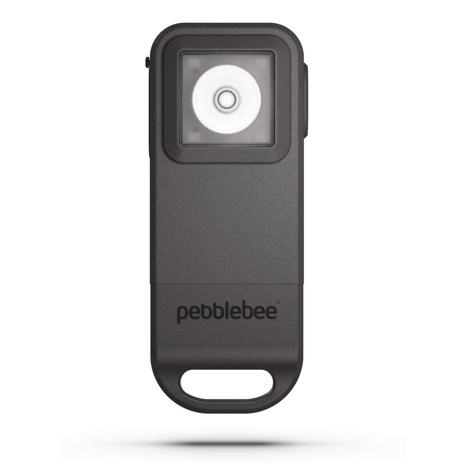 Pebblebee Halo front view showing compact alarm and design benefit: easy carry