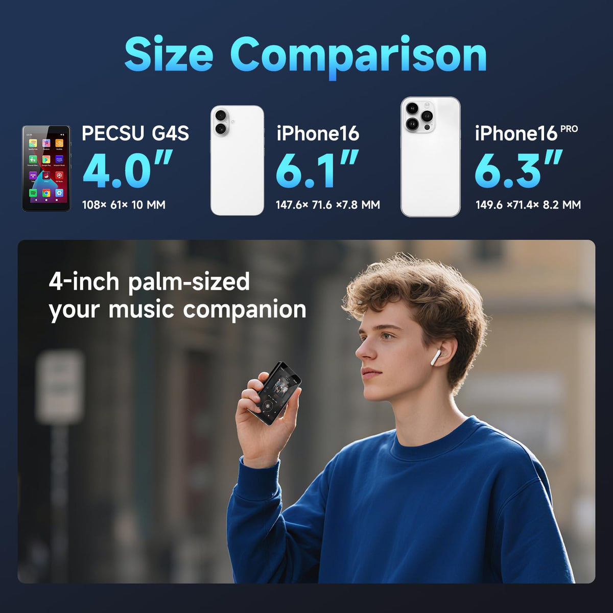 PECSU Android 14 MP3 player streaming Spotify and Amazon Music on the go.