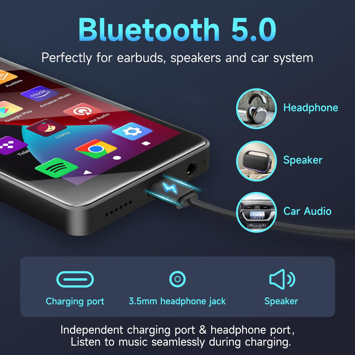PECSU MP3 Player 4-inch IPS touch screen for easy playlist browsing.