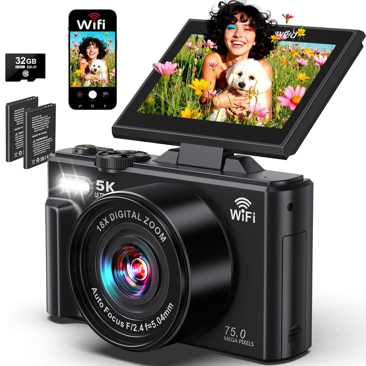 Pedtail digital camera 5K UHD video and 75MP photos deliver rich colors and crisp detail.