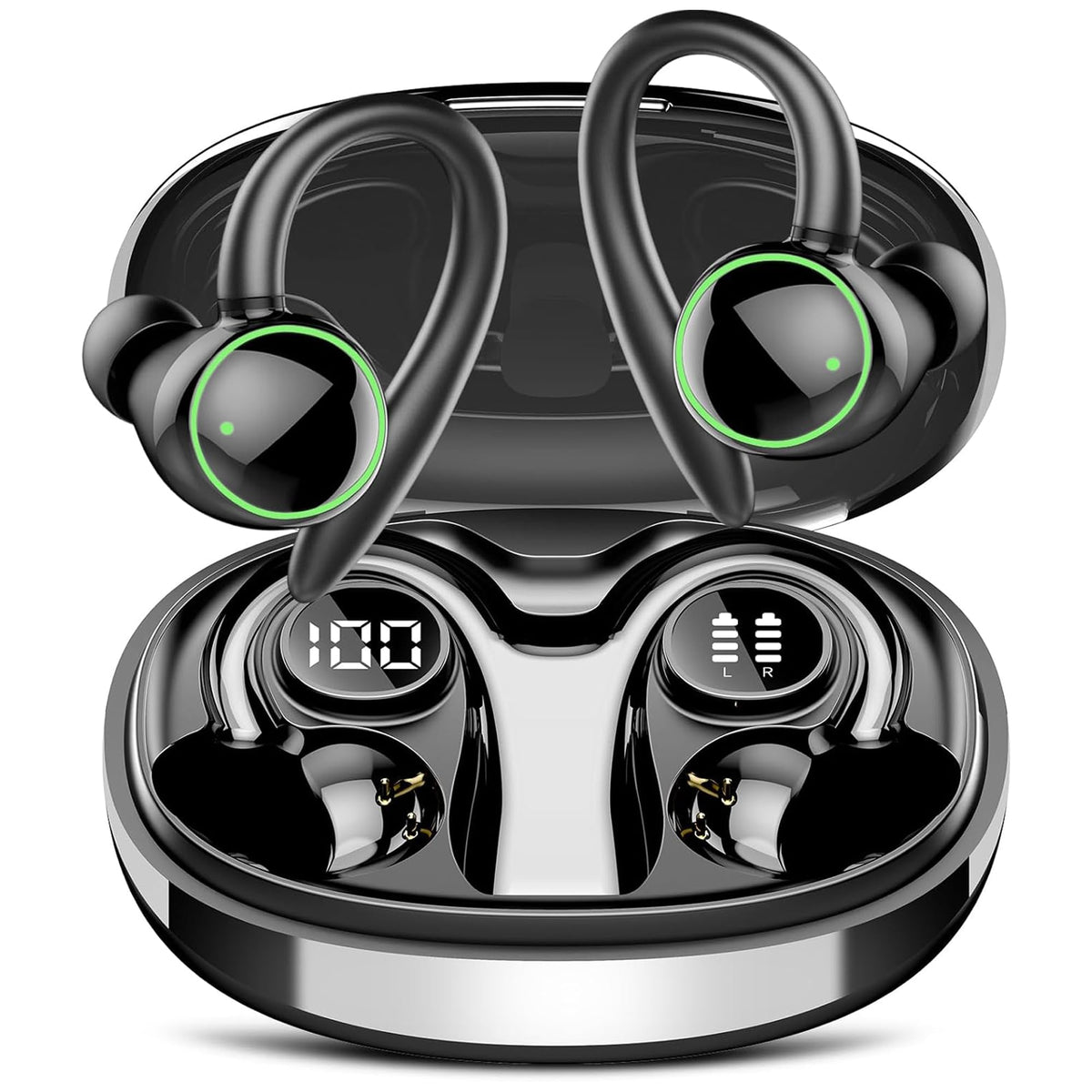 PEFUPEW earbuds with earhooks showing secure fit for workouts and sweat resistance