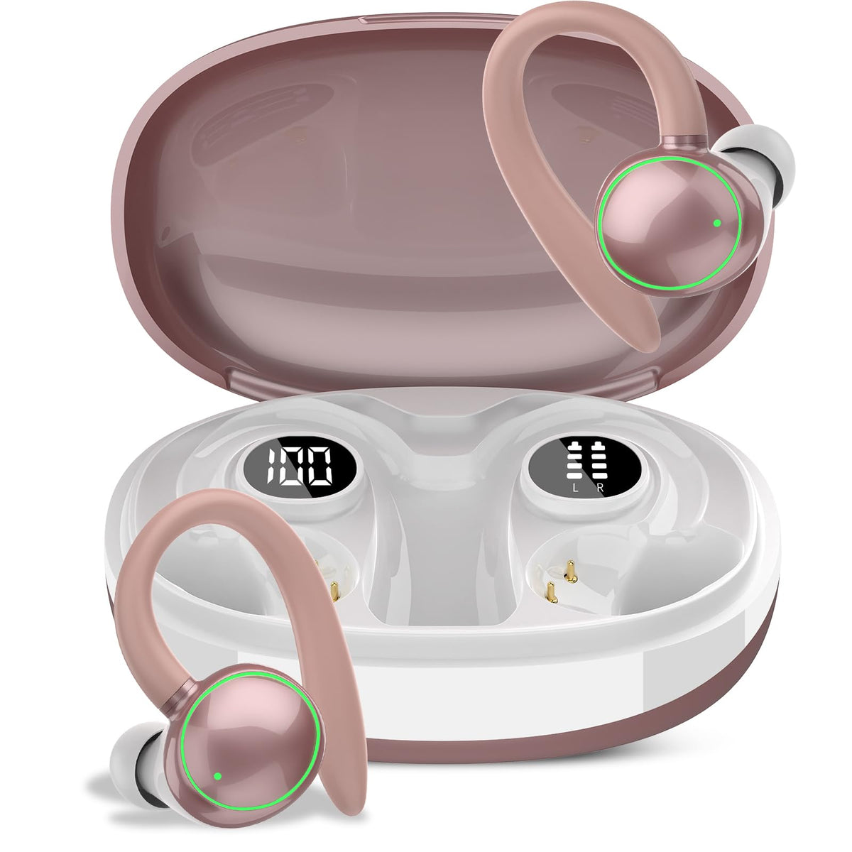 PEFUPEW front view of rose gold earbuds and case highlighting sleek design and portability
