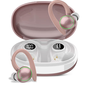 PEFUPEW front view of rose gold earbuds and case highlighting sleek design and portability