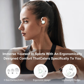 PEFUPEW earbuds in hand for size comparison, demonstrates compact portability