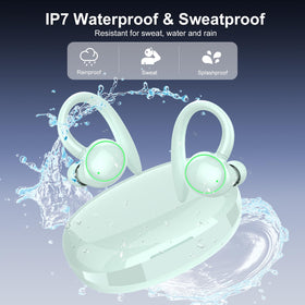 PEFUPEW earbuds beside a smartphone to show compact size and portability