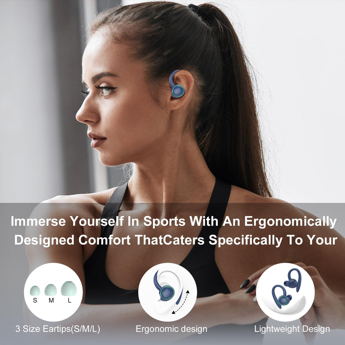 PEFUPEW earbuds with water droplets showing IP7 protection during sweat