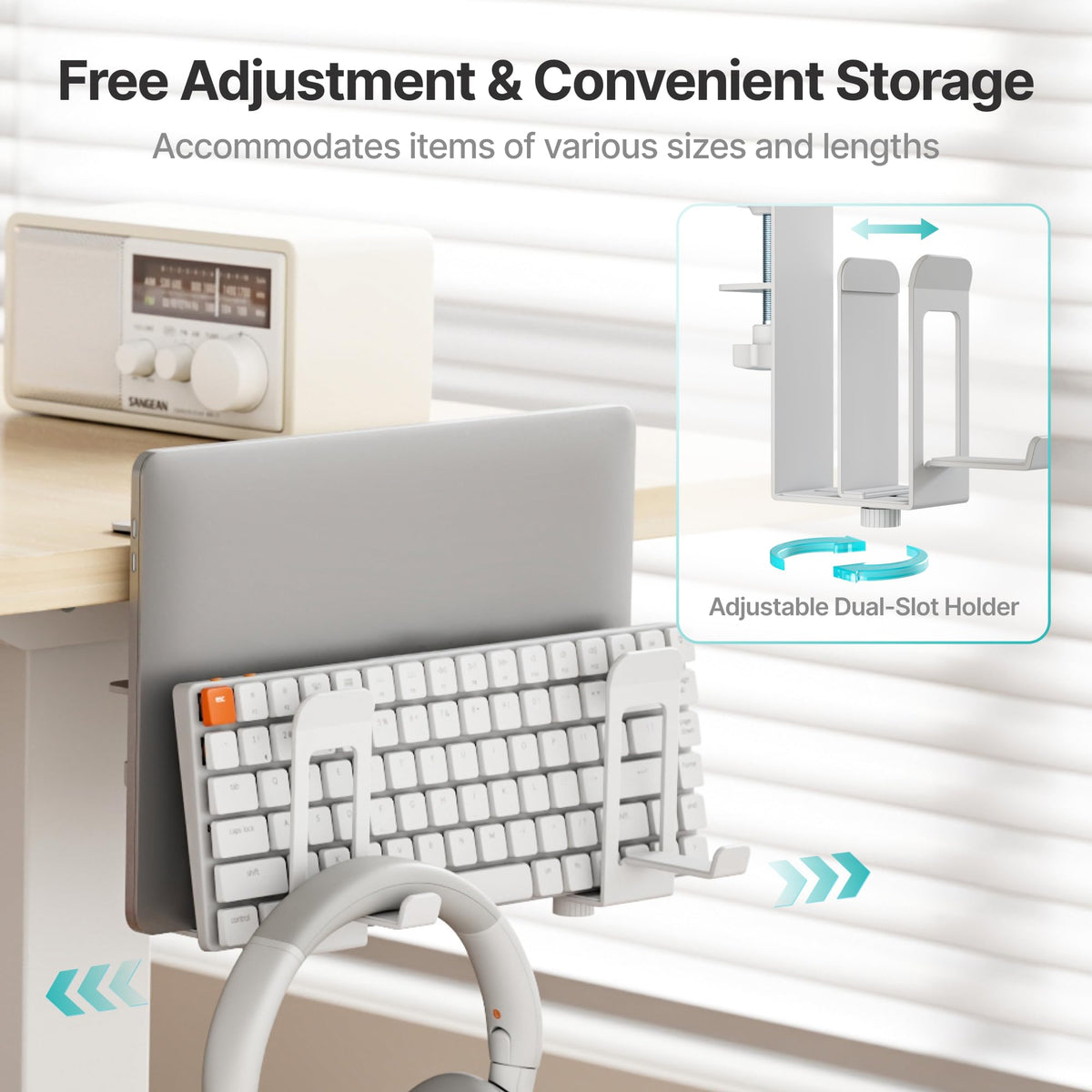 PEGZONE desk organizer with side hooks for bags and small accessories.