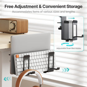 PEGZONE desk side storage with headphone hook keeps headphones handy and cables tidy.