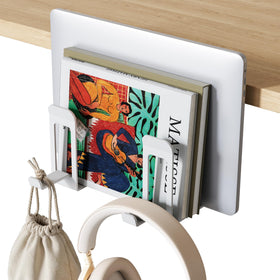 PEGZONE vertical under-desk laptop stand with dual slots for organized devices.